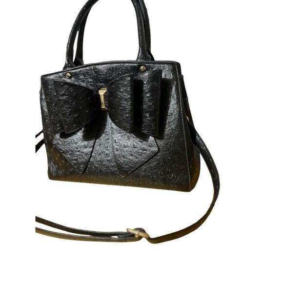 Grossi Faux Ostrich Vegan Leather Satchel: Elegant Black Double Bow - Picture 5 of 12
